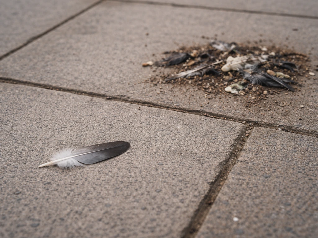 Found bird feather on dry pavement beside matted feather debris and pigeon droppings outdoors.