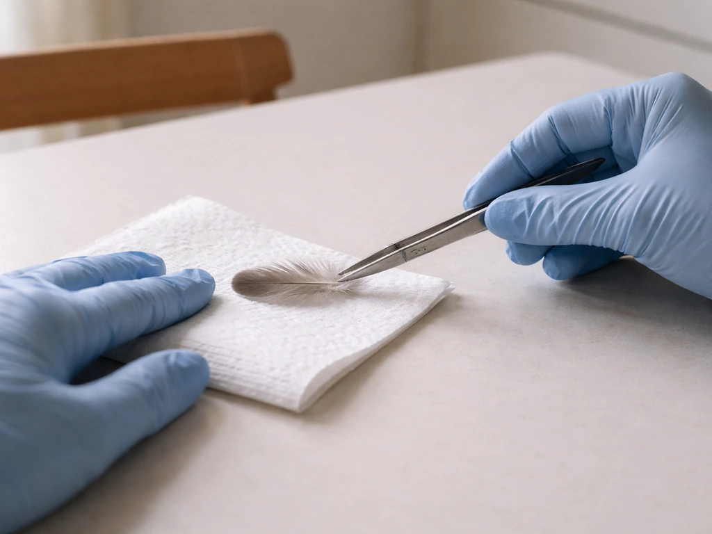 Gloved hands using tongs to pick up a single feather from a tabletop safely