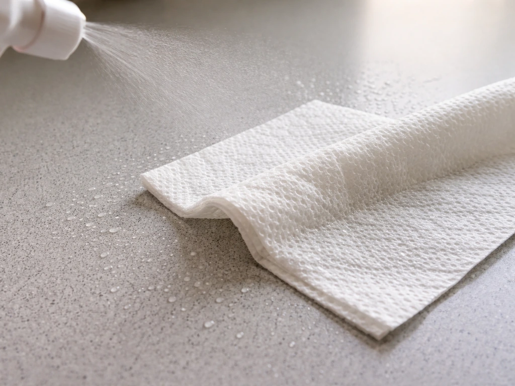 Spray bottle lightly misting, then paper towels wiping a dusty surface to show wet-cleaning in action.