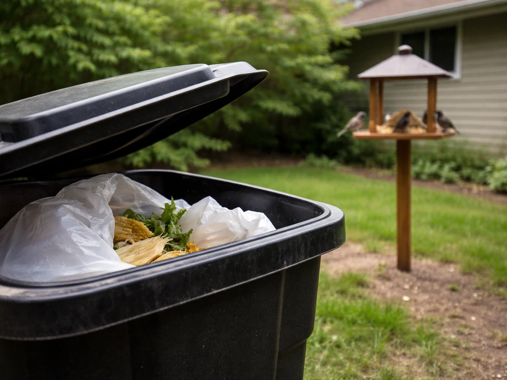 Close-up of an uncovered trash bin and a bird feeder set farther from the house in a yard.