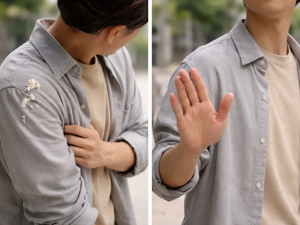 Minimal scene showing two meanings of “bird spit”: a person being splattered and a person dismissing a myth gesture.