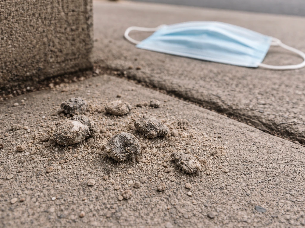 Close-up of dried pigeon droppings crumbling into dust with a nearby disposable face mask.