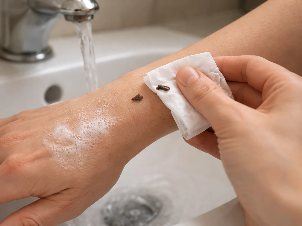 Close-up of hands using a tissue to lift fresh droppings from skin, then preparing to wash with soap