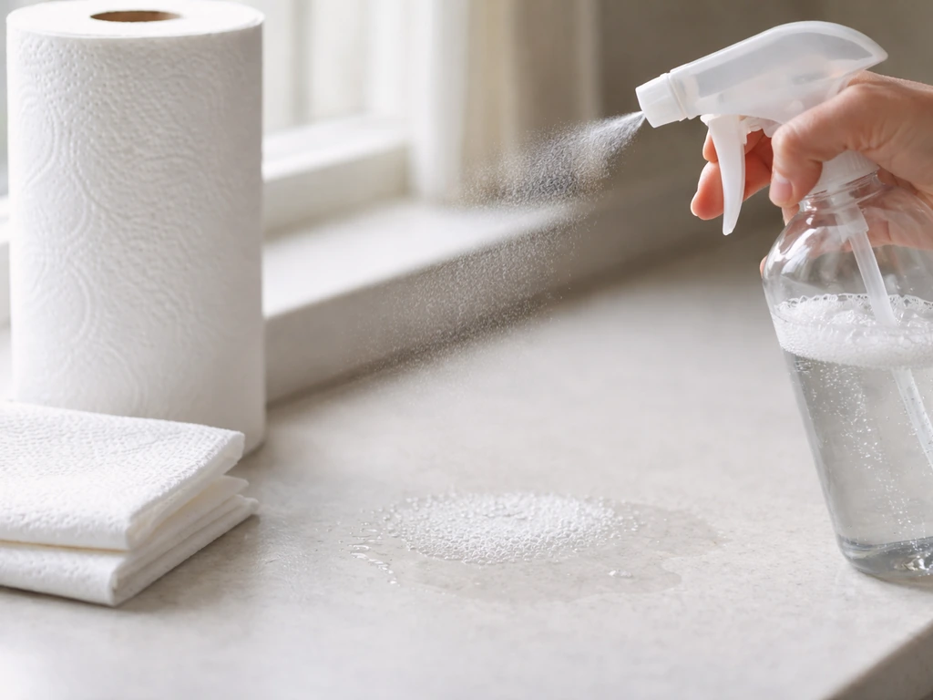 Soapy water misted onto a small spot before wiping with disposable paper towels.