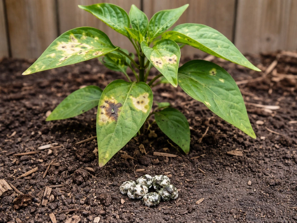 Close-up of a garden plant with bleached leaf spots near concentrated bird droppings on soil.