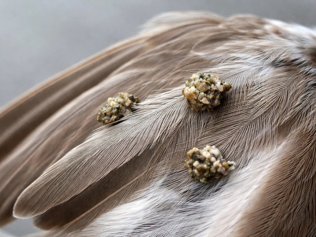 Close-up of bird feathers with dried droppings stuck to the plumage, showing intact texture