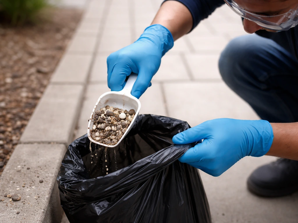 Anonymous gloved handler with safety goggles carefully bagging bird droppings outdoors.
