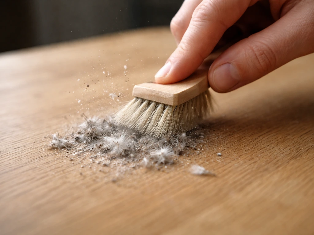Hand dry-brushing dried feather debris on a table, with particles visibly kicked up into the air.