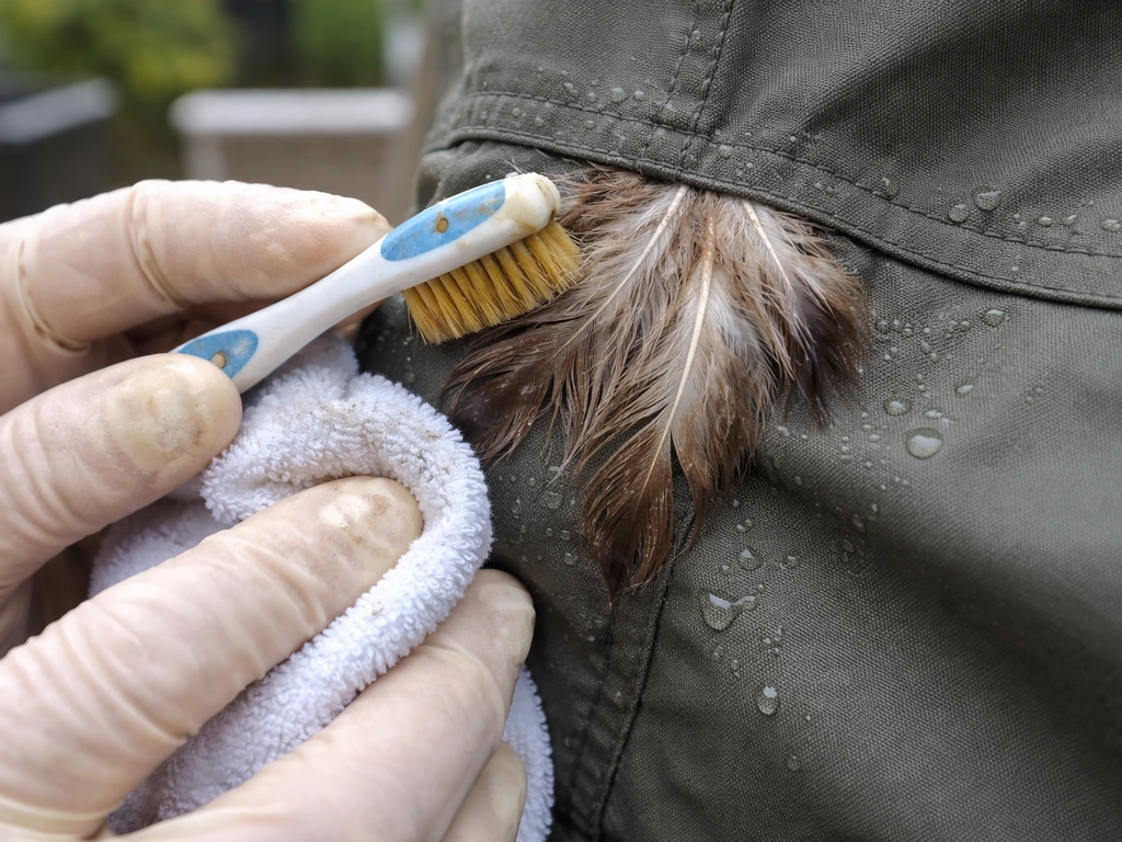 Gloved hands gently brushing dampened feathers attached to outdoor clothing to remove bird droppings.