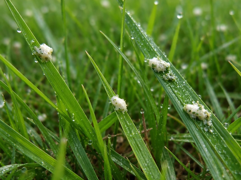 Macro close-up of tiny scattered bird droppings on grass blades, showing small amounts and texture