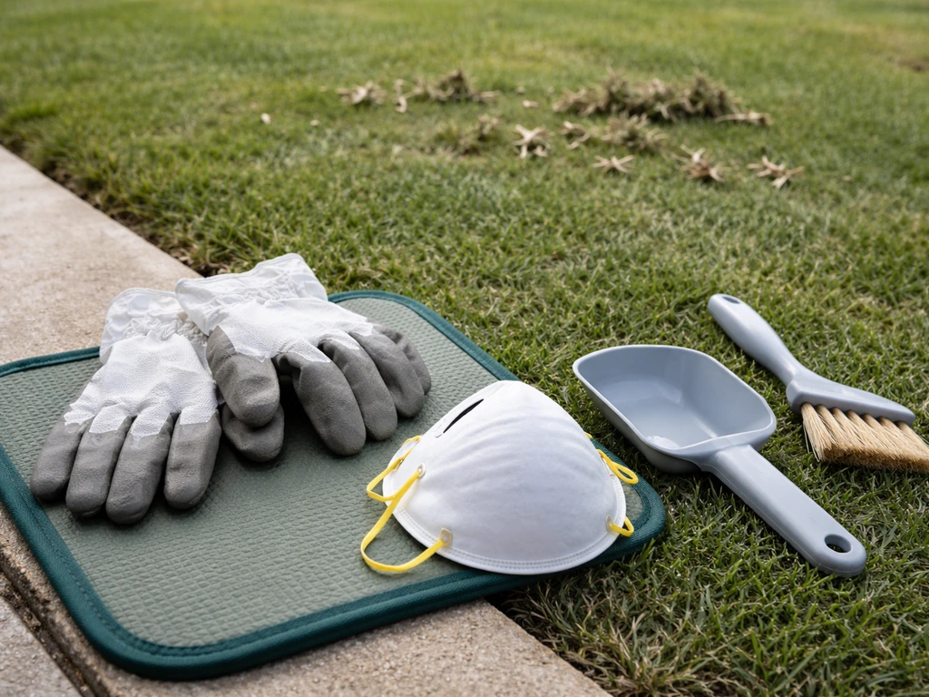 Gloved hands and dust mask beside cleaning tools on grass, handling bird droppings safely