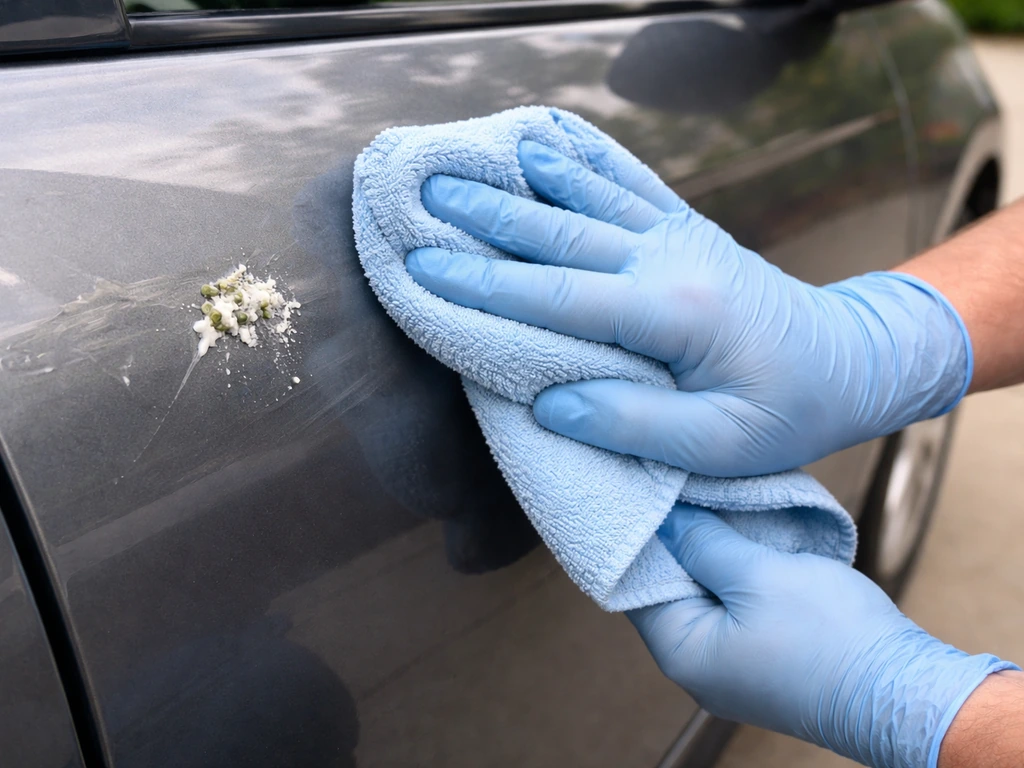 Gloved hands wiping bird droppings from a painted car with a damp microfiber cloth