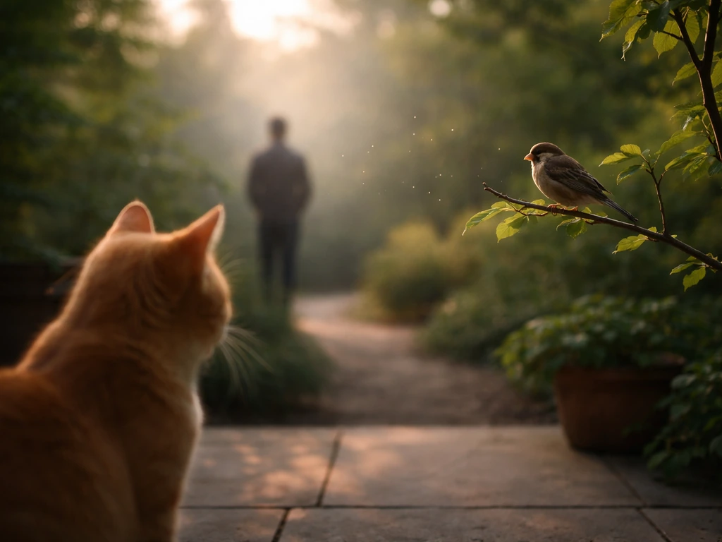 Anonymous cat with a bird nearby, with subtle airborne specks suggesting transfer to other hosts.