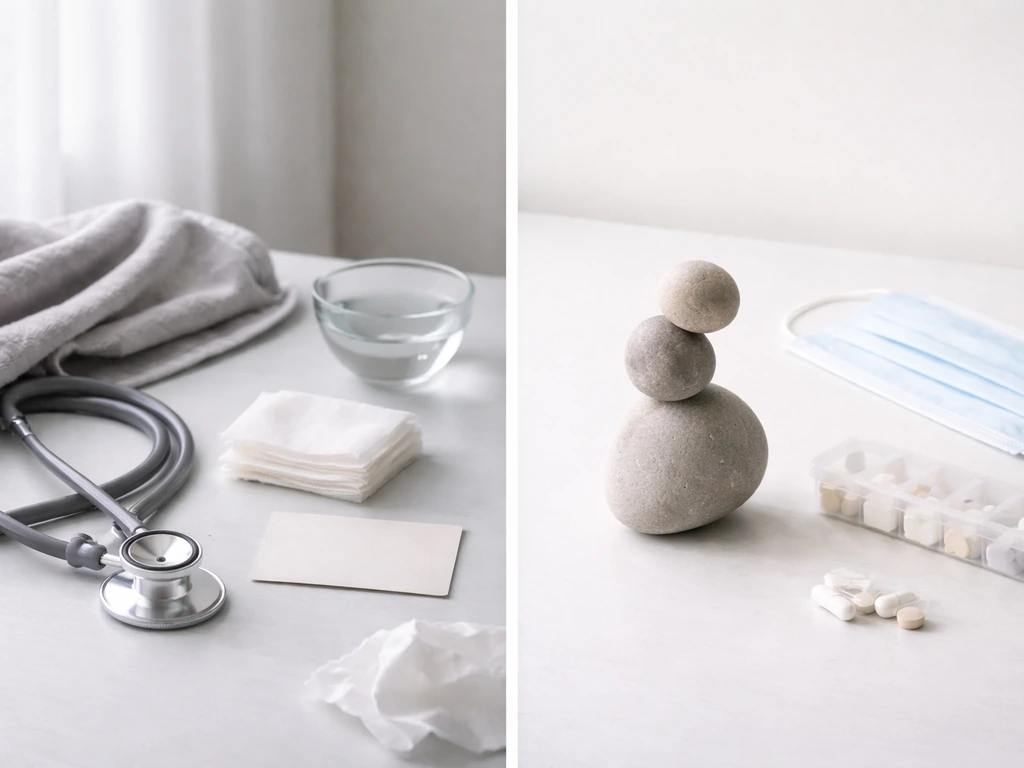 Minimal photo split: flu-like symptoms icon feel and highlighted pregnancy and immunocompromised risk, side-by-side.