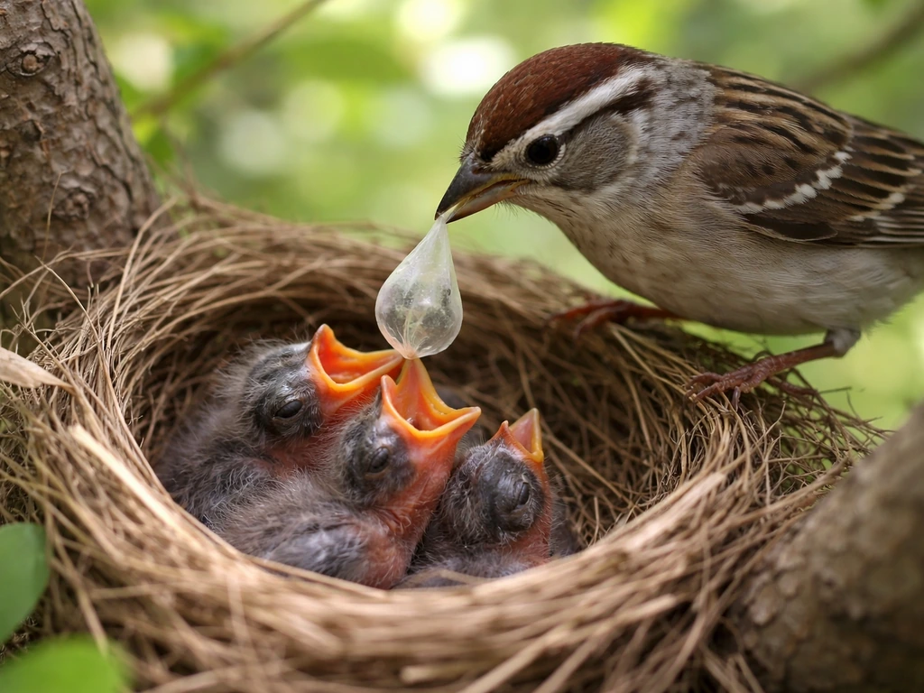 Bird parent removes a translucent gelatinous fecal sac from nestlings in a small nest.