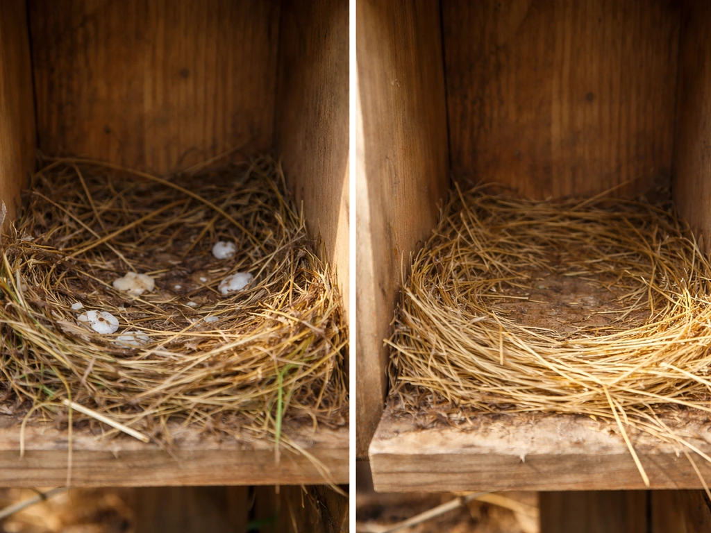 Clean and dirty nest openings side by side, showing fecal sacs removed to reduce predator cues.
