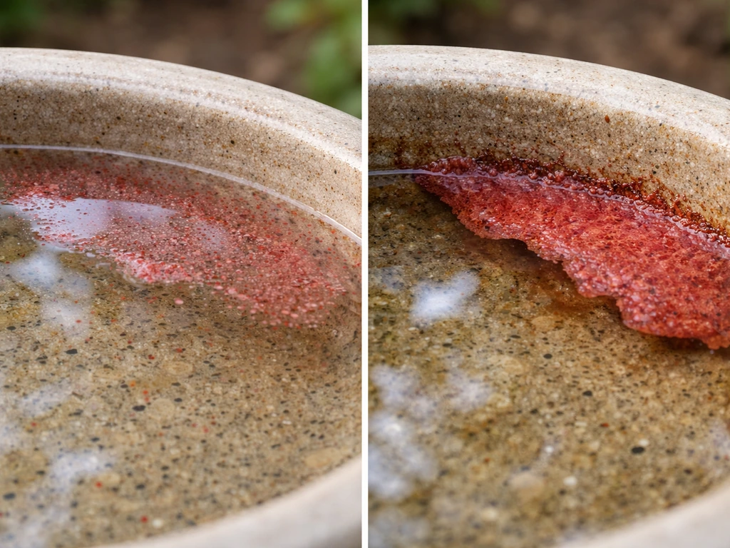 Close-up of bird bath water showing two red growth types: thin film/scum and a thicker rust-pink patch.