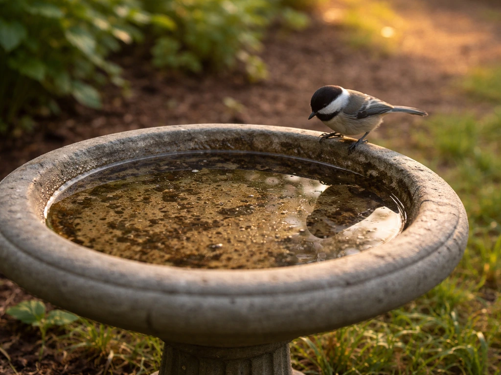 A small bird lands near a garden bird bath with dark droppings and floating debris in the water.