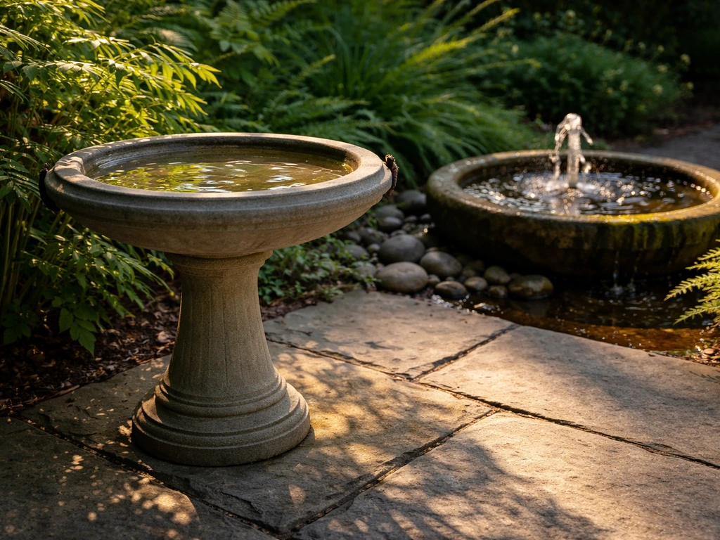 Bird bath on a garden patio receiving morning sun, with a small water feature nearby creating gentle water movement.
