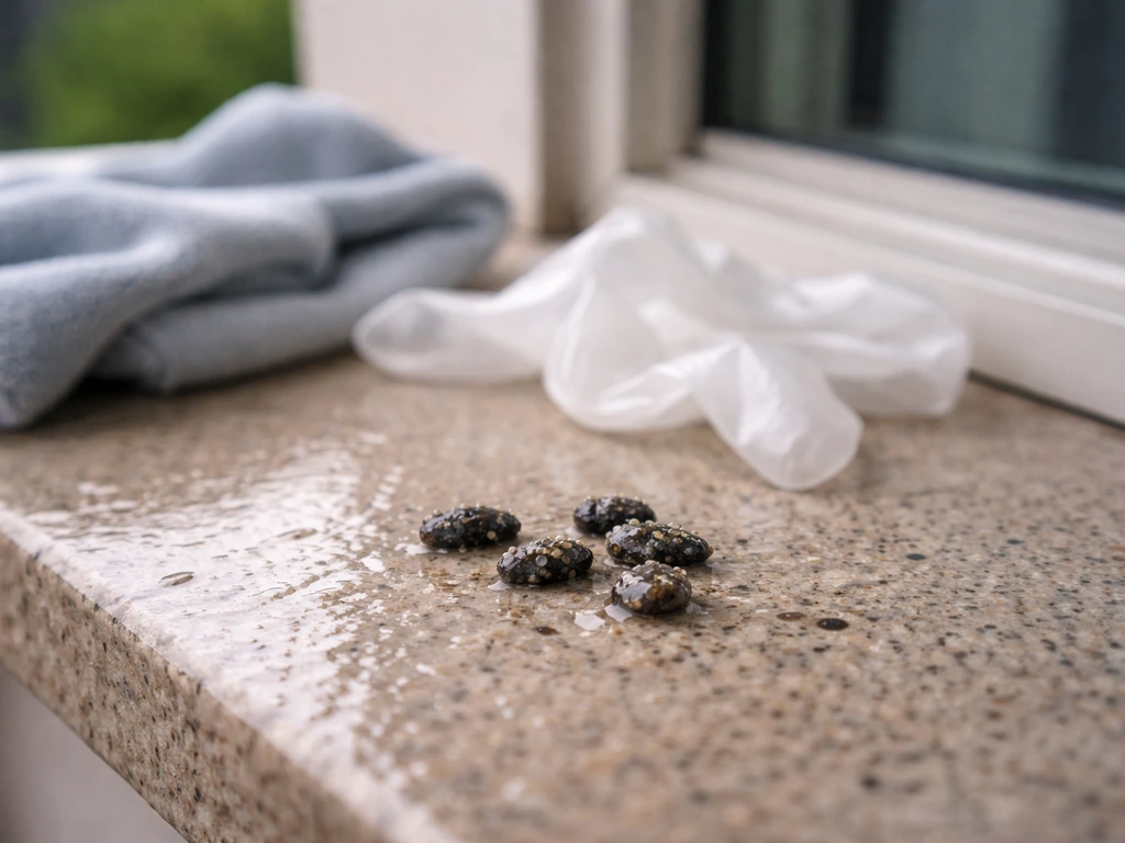 Close-up of fresh bird droppings on a balcony ledge with slight rain sheen and cleaning readiness context