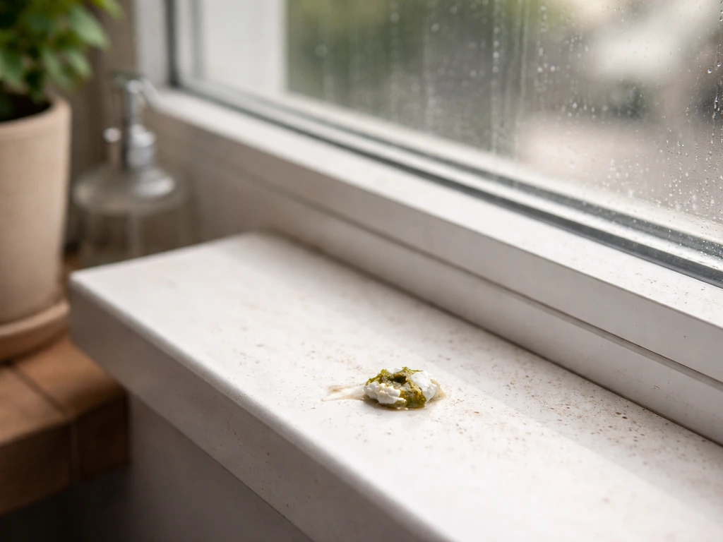 A single small fresh bird dropping on an outdoor windowsill with rain-flecked window glass nearby.
