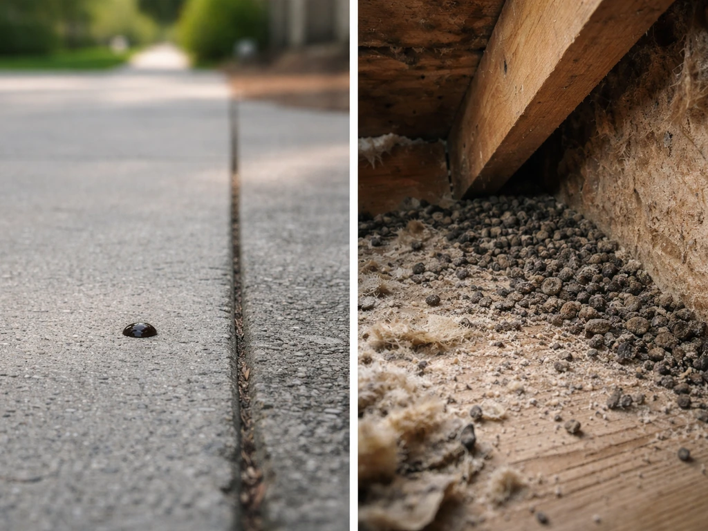 Side-by-side view: a single droplet on an open sidewalk next to an attic corner with dried droppings.