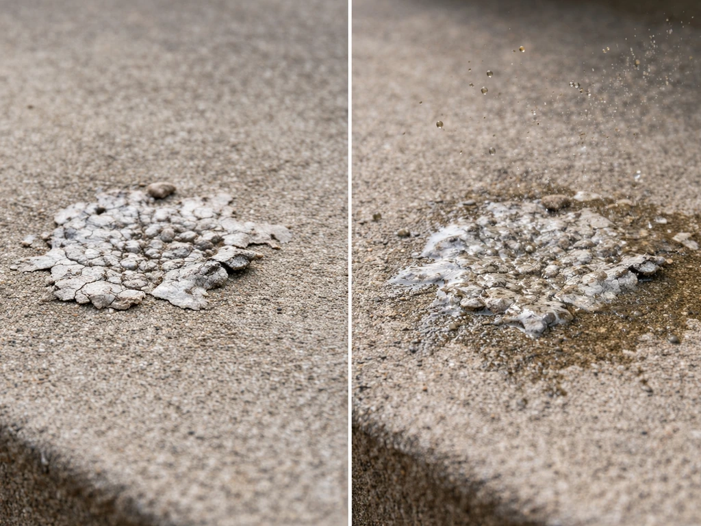 Close-up of dried vs freshly wetted bird droppings on concrete with faint dusty airborne residue near dry side.