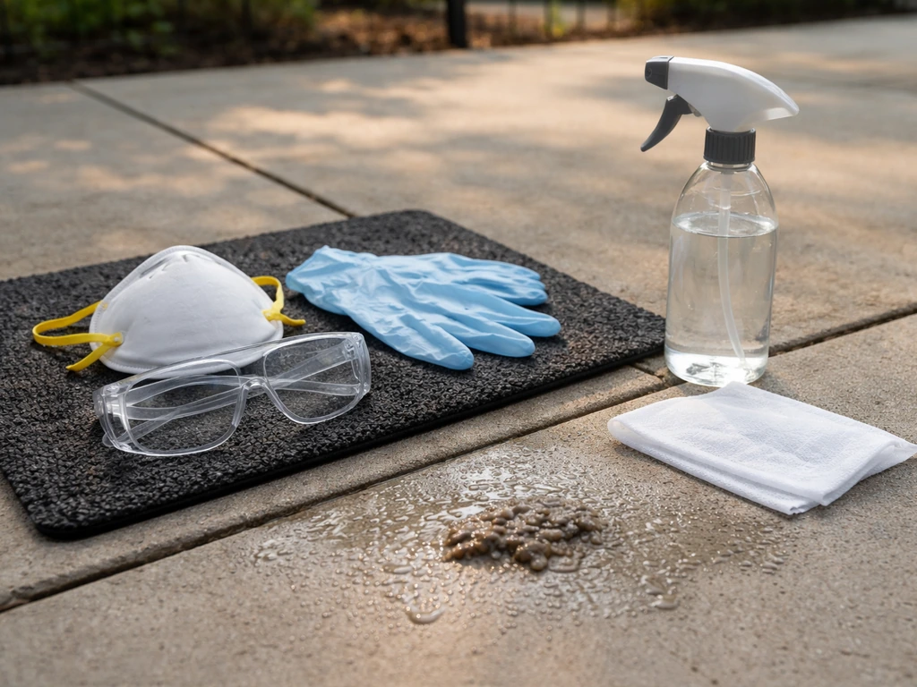 Gloves, N95 mask, and eye protection laid beside damp bird droppings on an outdoor patio for safe cleanup