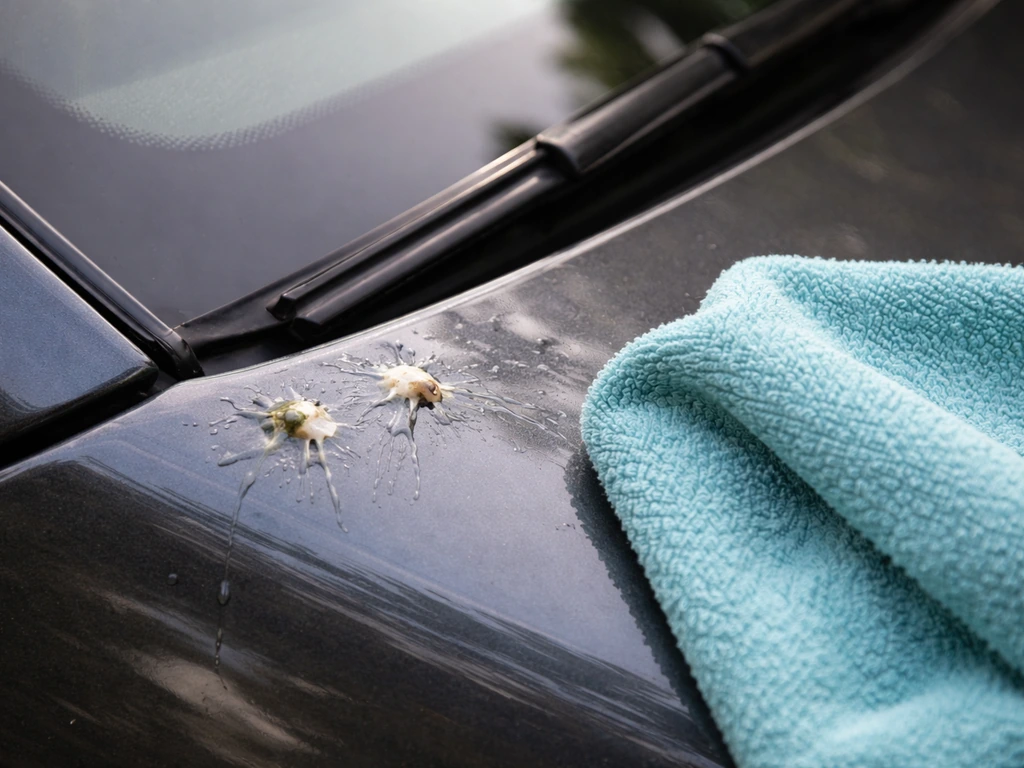 Close-up of bird droppings on a car windshield edge with a wet microfiber cloth nearby