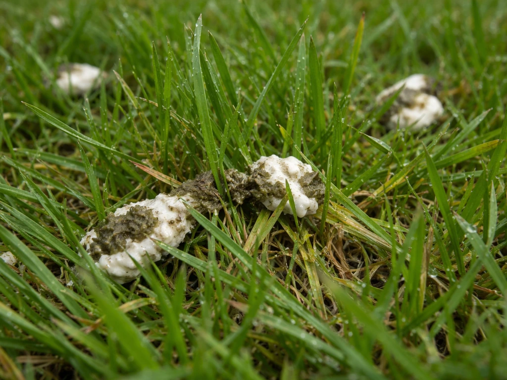 Close-up of bird droppings on grass with nearby blades slightly browned from contact.