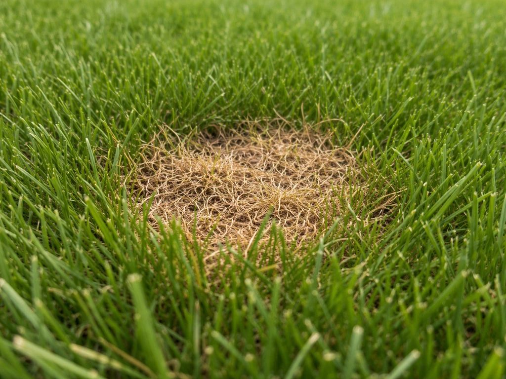 Close-up lawn with a distinct brown dead central patch consistent with bird/urine damage.