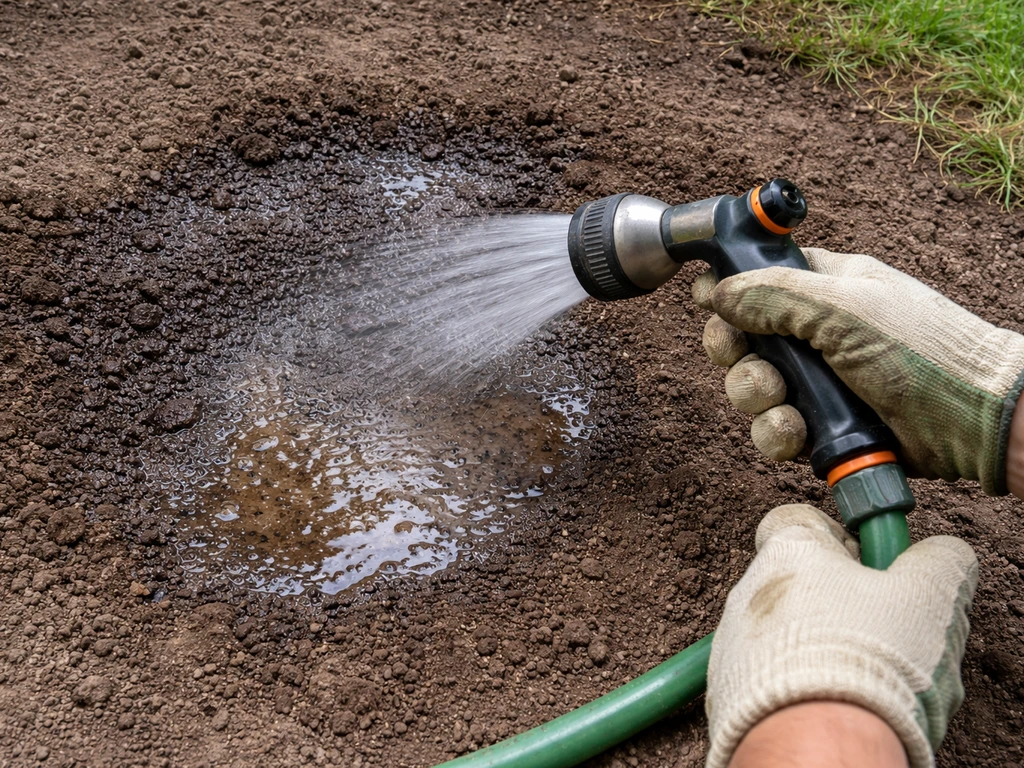 Garden hose rinsing a small damp patch of soil, water pooling after a gentle spray.