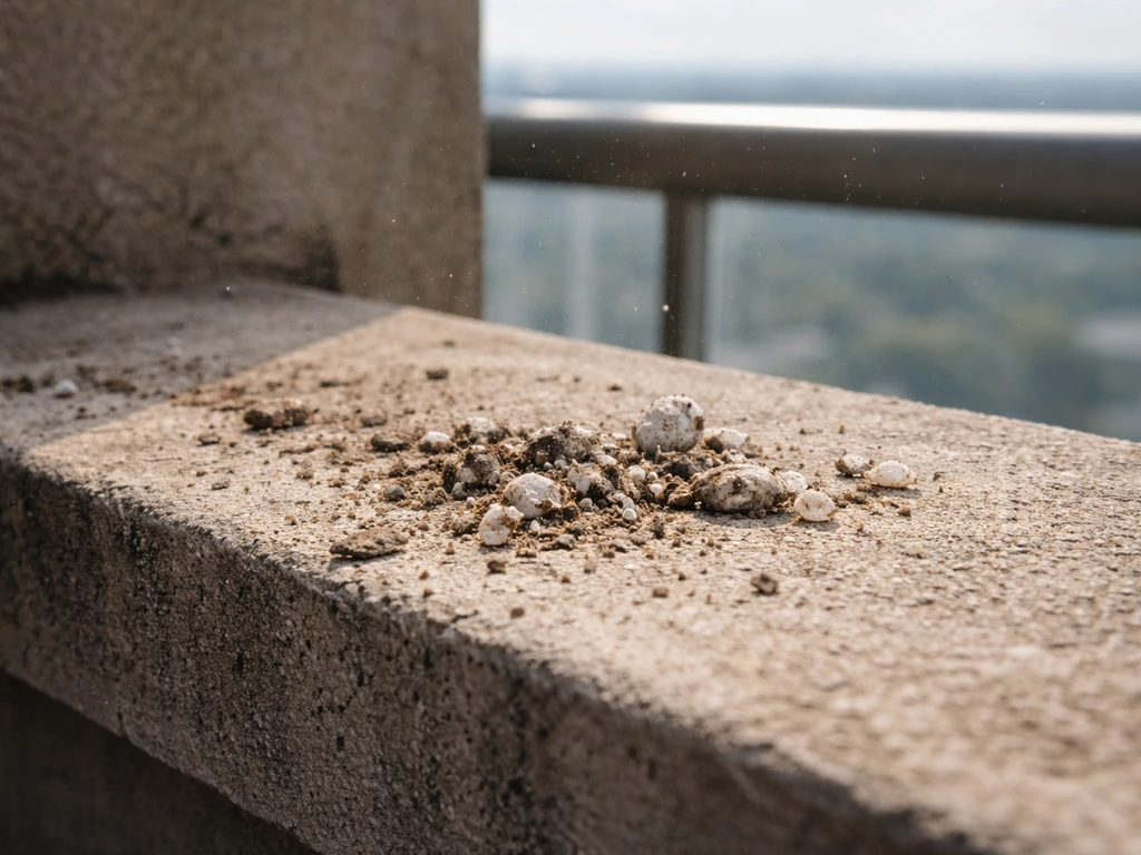 Dried bird droppings on a balcony edge with fine dust particles in natural rooftop light