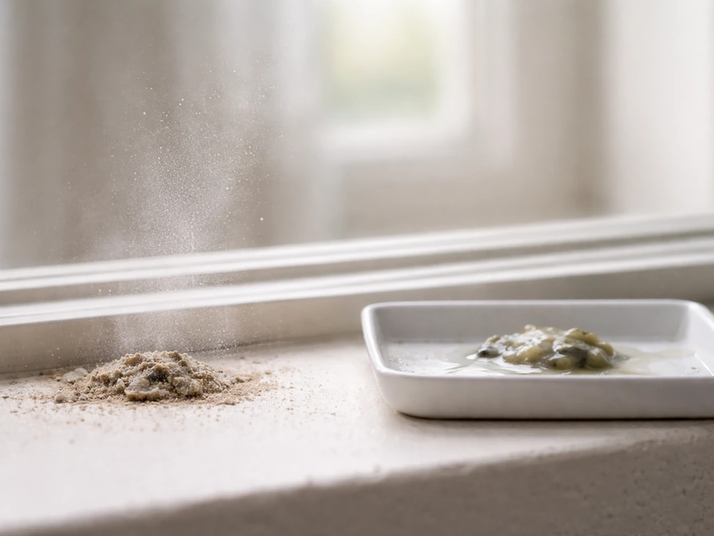 Close-up of wet vs dried bird droppings, with dried dust airborne toward an out-of-focus breathing space.
