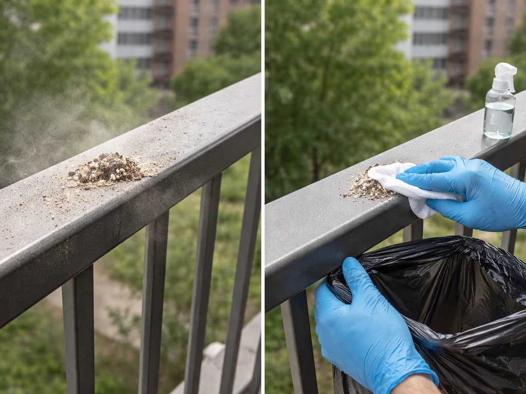 Close-up of pigeon droppings on a balcony railing with a cleaner using safer contained cleanup tools nearby.