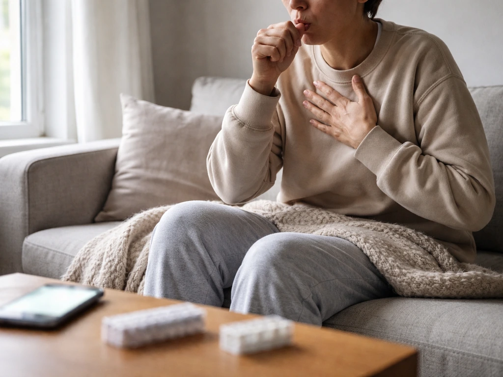 Person holding chest while coughing near a window, with a subtle delayed-effect timing feel.