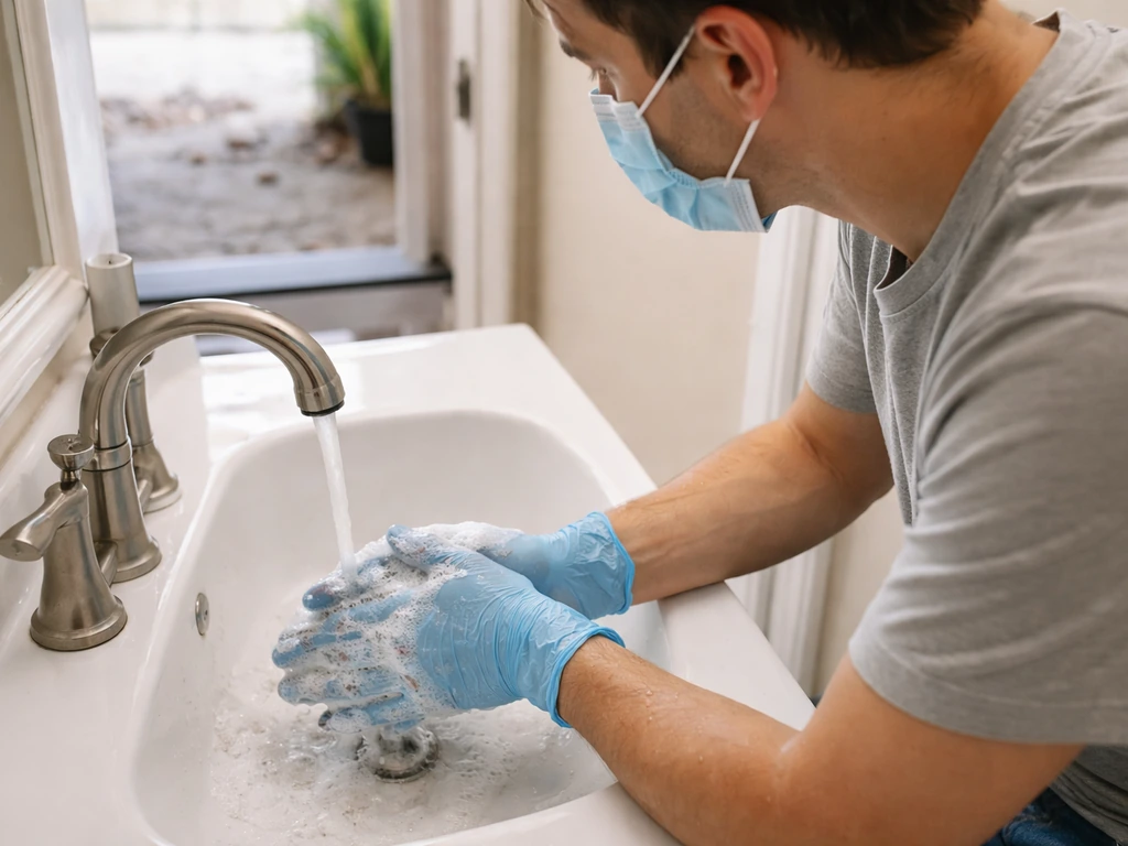 Person rinsing hands with soap and water after leaving a driveway near bird droppings