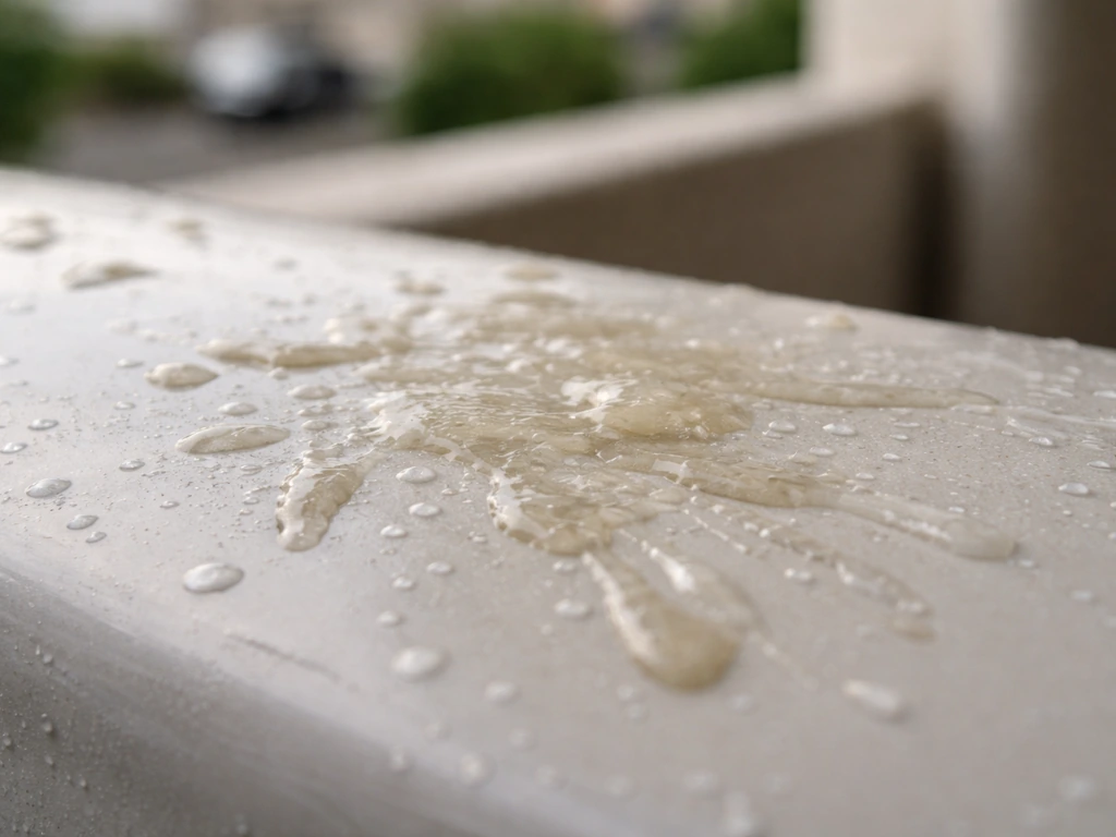 Macro close-up of pale white wet bird residue on car paint with shallow depth of field, no bird visible.