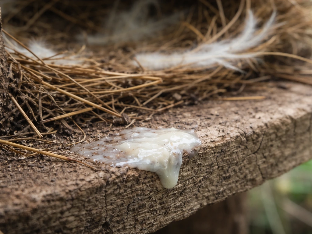 Close-up of a bird nest edge with a small wet white/cream smear on dry nesting material.