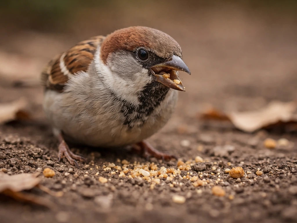 Small bird pecking at the ground with a subtle focus on beak and food, showing natural feeding behavior.