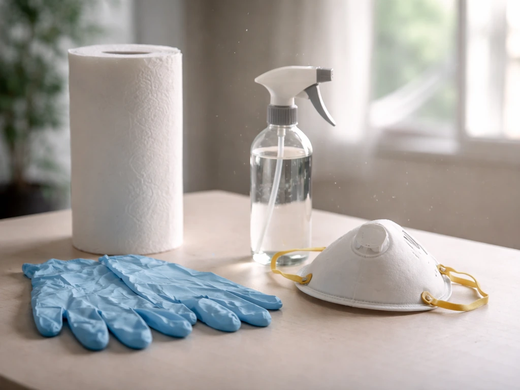 Disposable gloves and respirator mask laid on a table beside paper towels for safe bird residue cleanup.