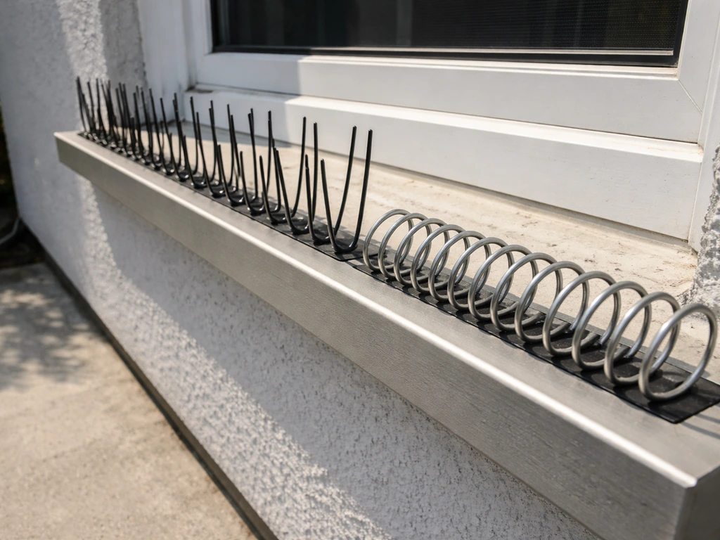 Bird deterrent spikes and a coil-style fence/ledge deterrent installed under a bright window, with clear space below.