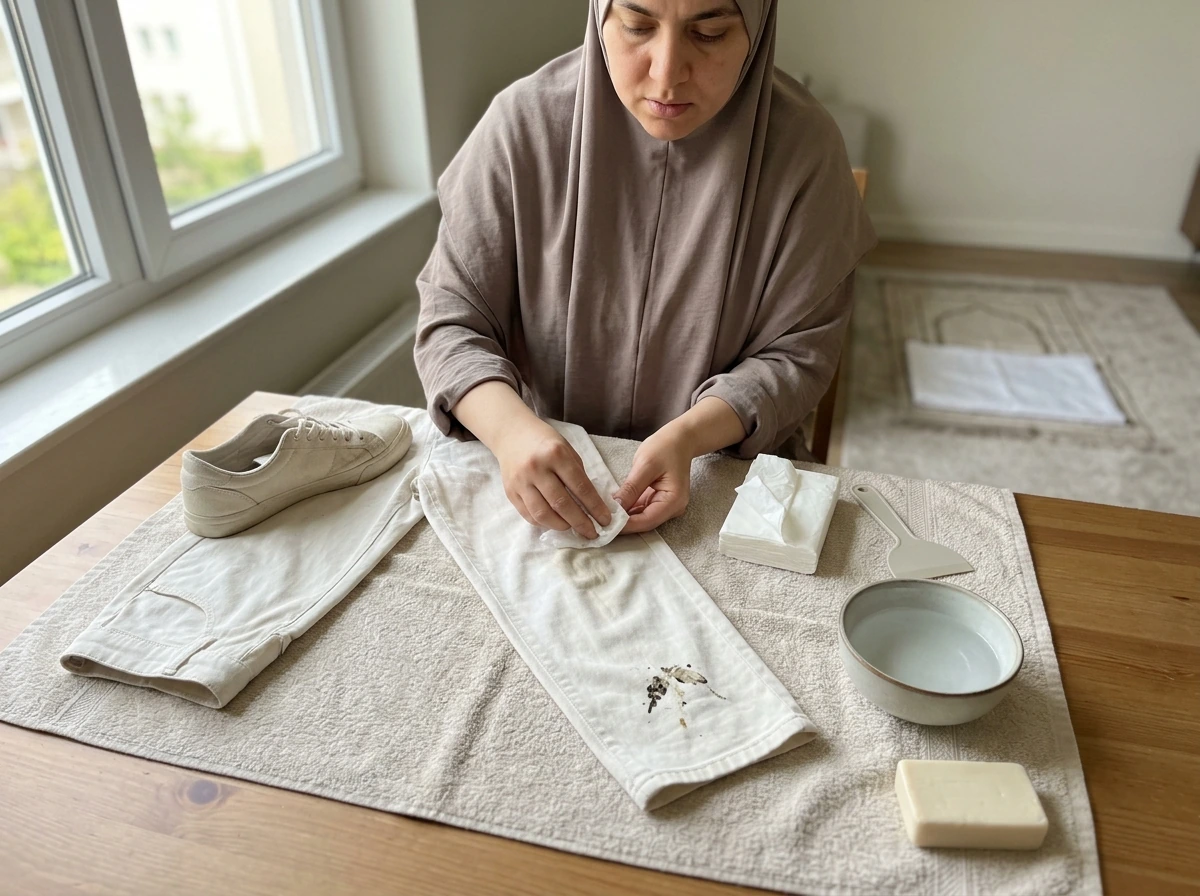 Person cleaning bird droppings off clothing and shoes to prepare for salah in a home setting