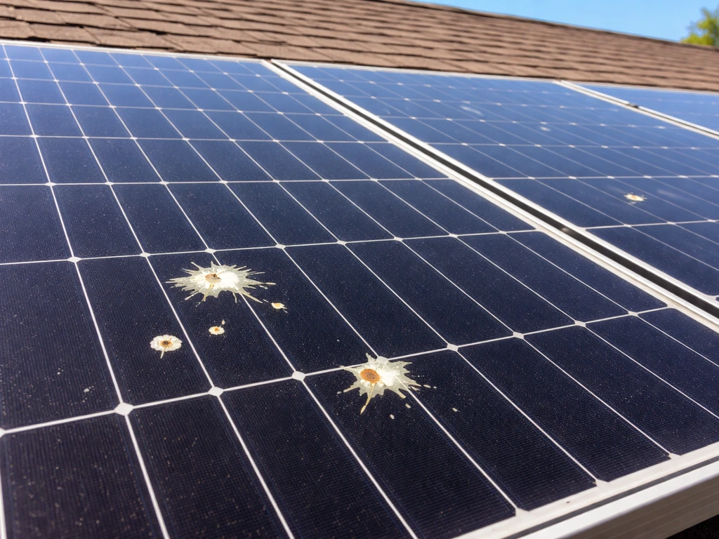Fresh and dried bird droppings on residential solar panel glass, suggesting reduced output.