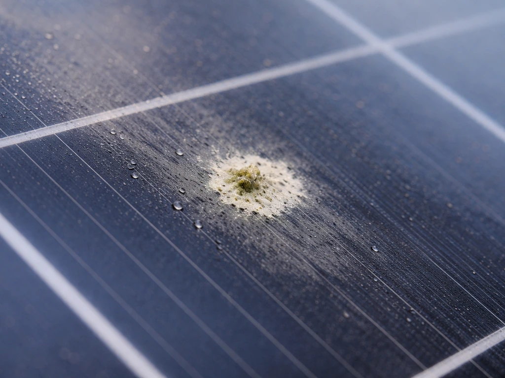 Close-up of a solar panel glass surface with a bird droppings spot, moisture beading, and slight shading effect.