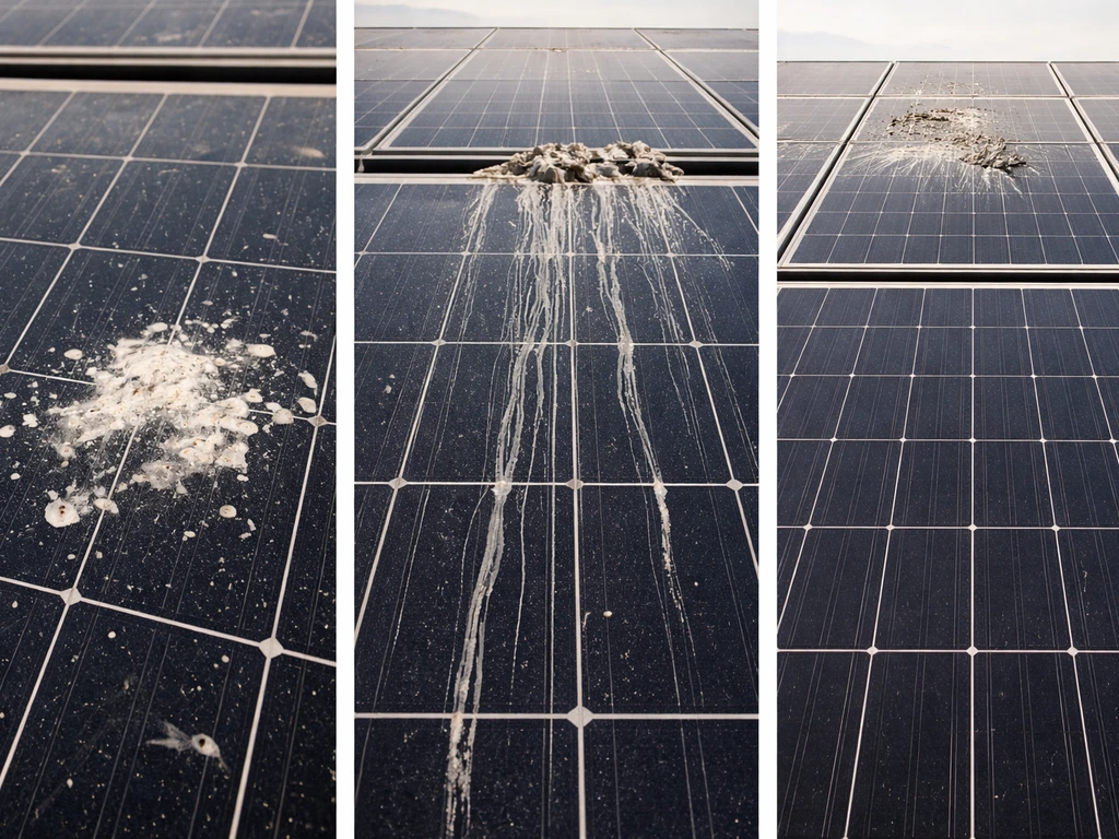 Close view of rooftop solar panels with white/gray streaks and concentrated droppings near a roost point.