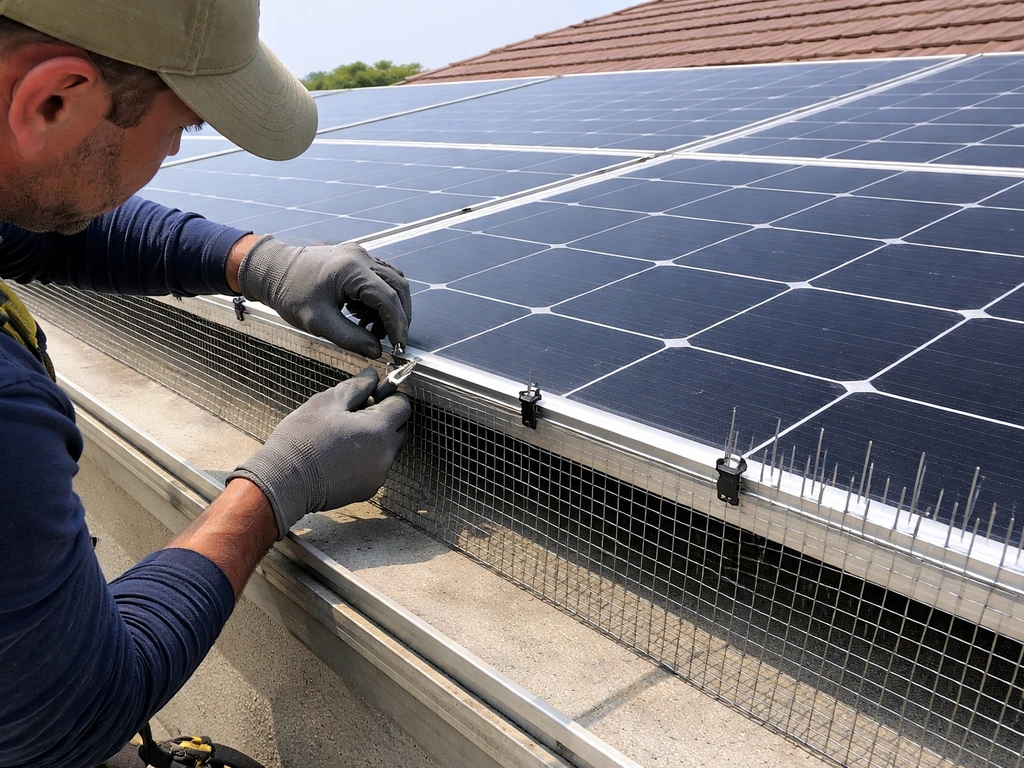 Worker installing mesh/netting and bird deterrent along the edge of rooftop solar panels