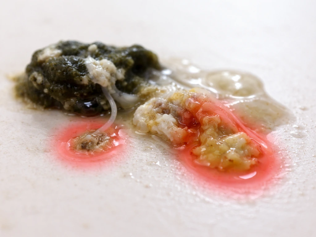 Close-up view of mixed bird droppings showing normal and abnormal red-flag areas for vet guidance.