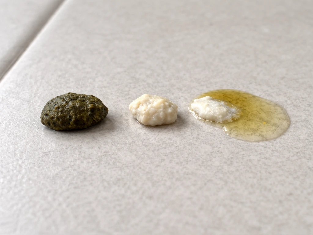 Three distinct components of bird droppings—fecal, urate, and liquid—laid on a neutral surface