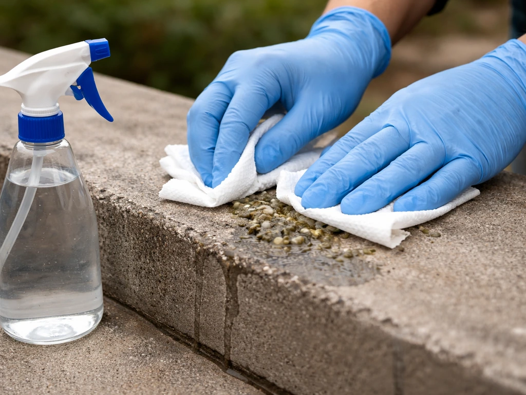 Gloved hands wet and wipe bird droppings with paper towels while holding a disinfectant spray bottle.